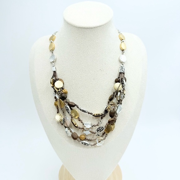 BRIGHTON Rivera Gold Silver Hammered Disk Crystal Brown Multi Cord Necklace - Picture 1 of 7